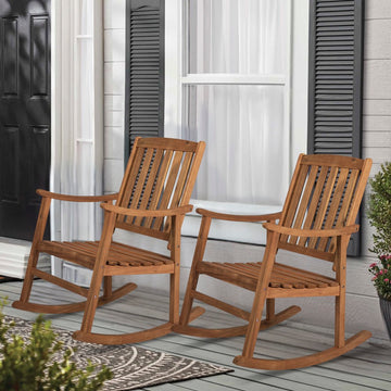 Perry Classic Slat-Back 300-Lbs Support Acacia Wood Patio Outdoor Rocking Chair - JONATHAN Y